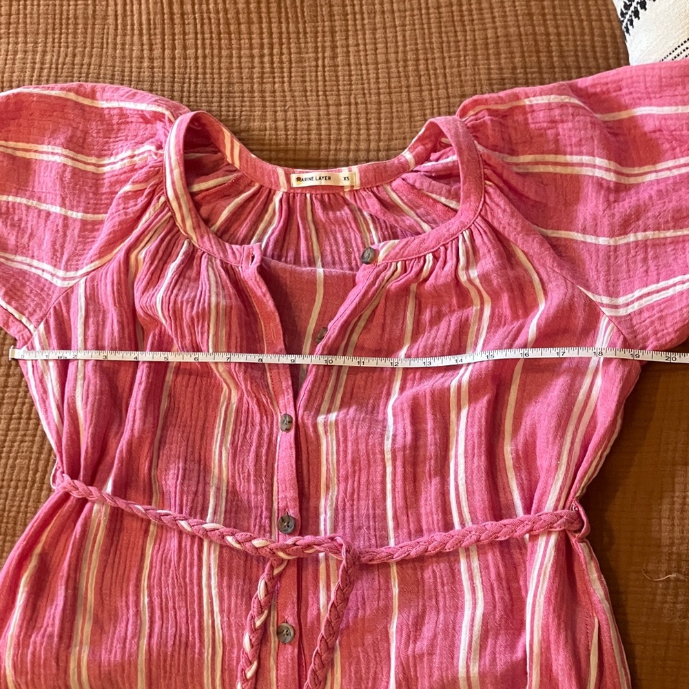 Pink white stripe cotton gauze midi maxi dress XS pockets removable belt - Picture 10 of 11